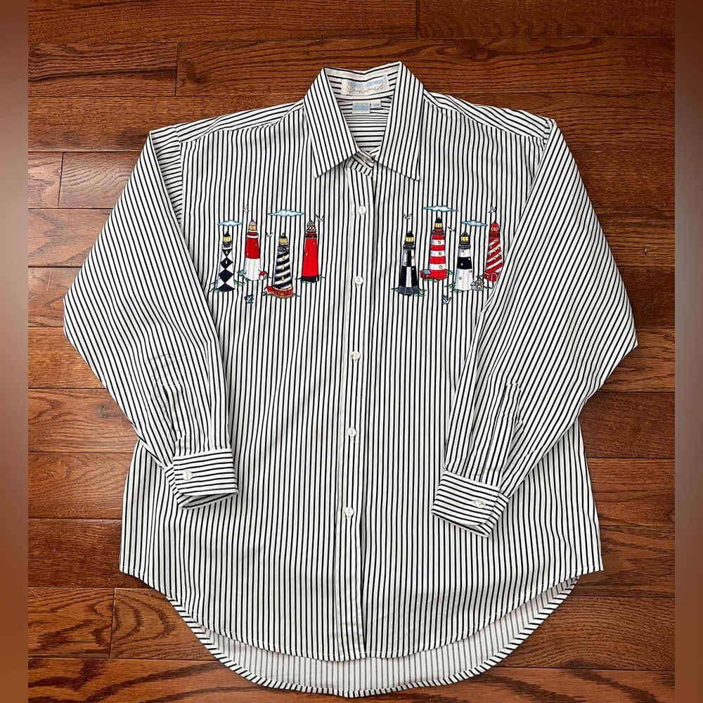 Vintage Casey Coleman White & Blue Striped Blouse Top with LIGHTHOUSES Sz S/M